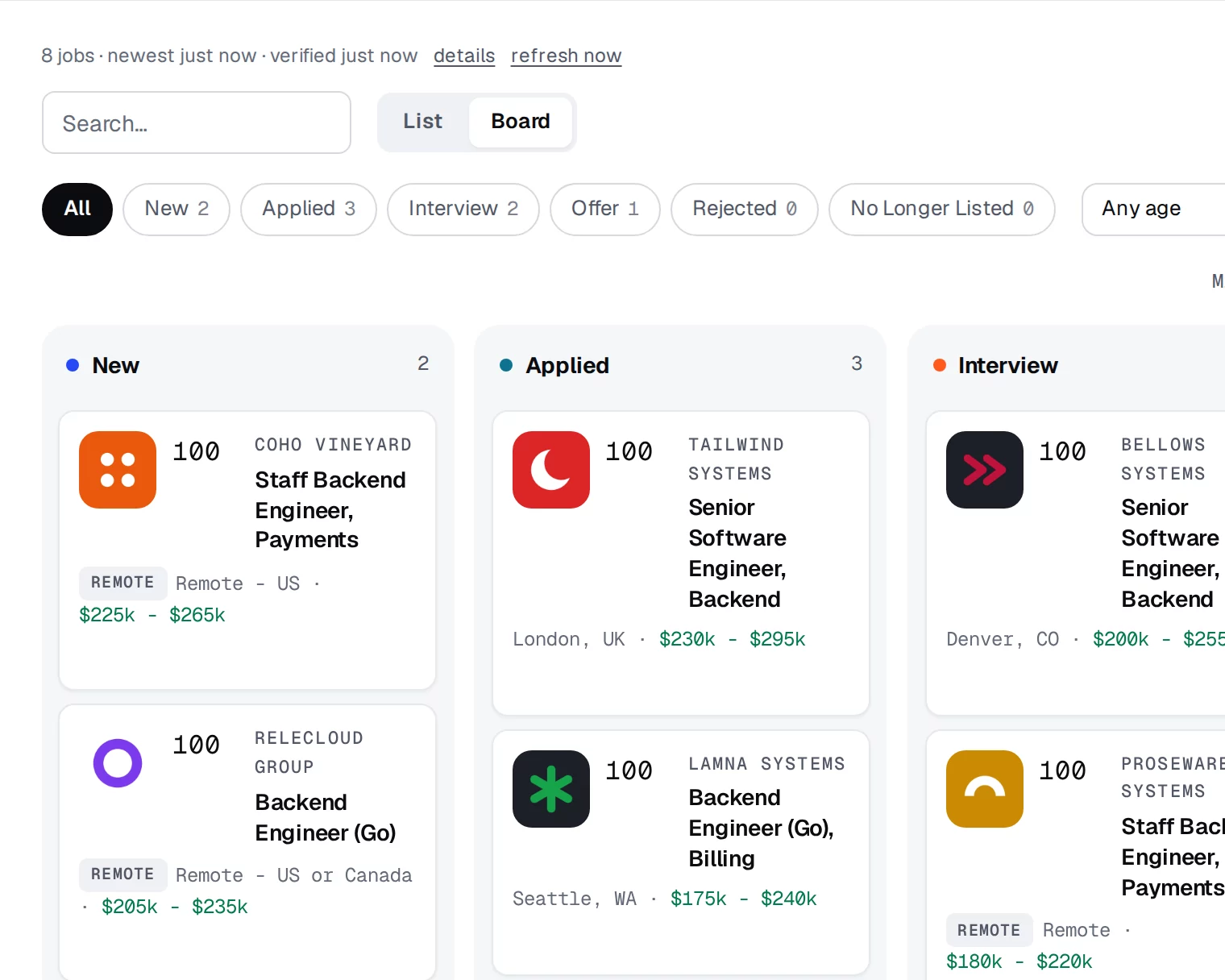 A board in the signed-in app: a kanban of jobs across the new, applied and interview columns, each card with the employer's logo, with filter chips above it.
