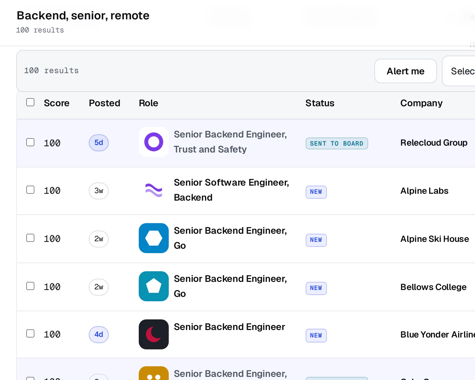A search in the app answering with 100 results, each row with the employer's logo, a score, how old the posting is and whether it has been sent to a board.