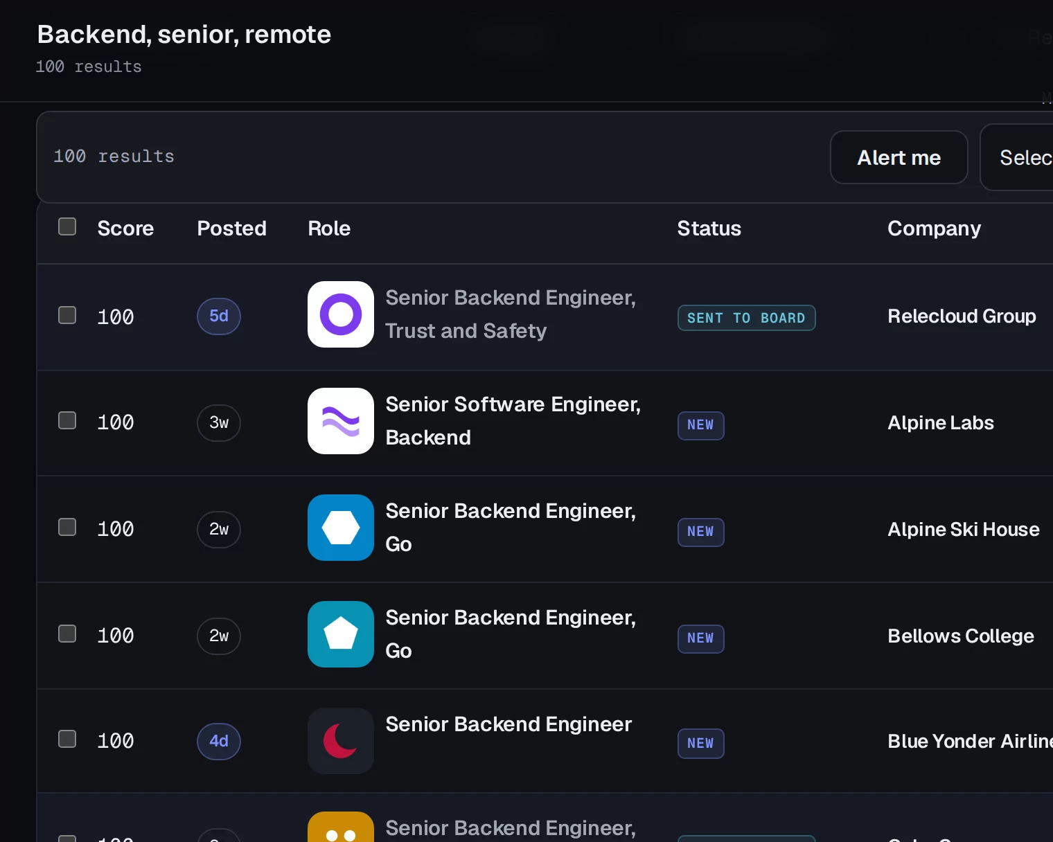 A search in the app answering with 100 results, each row with the employer's logo, a score, how old the posting is and whether it has been sent to a board.