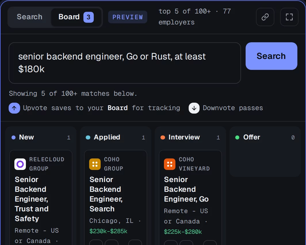 The board tab of the same panel, with columns named new, applied, interview and offer, holding three upvoted jobs.