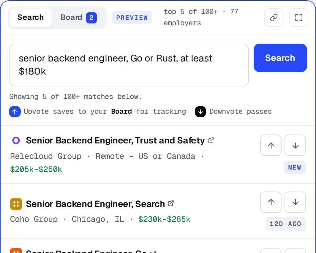 The search box on this page with result rows under it, best first, each showing the employer's logo, the role, the location and the pay range.