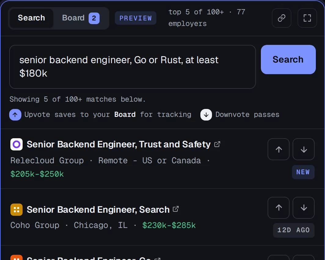 The search box on this page with result rows under it, best first, each showing the employer's logo, the role, the location and the pay range.